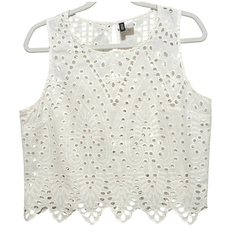 H&M Divided Women's White Eyelet Lace Sleeveless‎ Crop Top Blouse Size 14 Cotton
